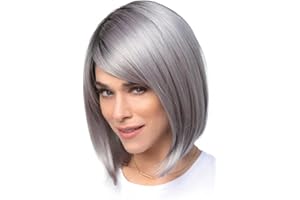 DKE&YMQ Parrucca Grigia, Struttura a Scoppi Obliqui Di Temperamento, Soffici Capelli Corti, Parrucca Da Donna Di Mezza Età Argento Sfumato Nero, Capelli Naturali Per Uso Quotidiano Adatti a Ragazze E Donne