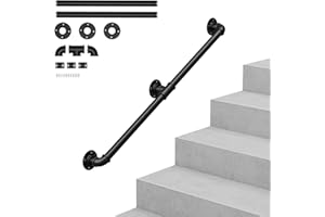 OUNUO Wall Handrail for Stairs Steps, Black Metal Industrial Pipe Staircase Handrail for Indoor Outdoor Wall Mount Support, Wall Hand Railing,Safety Handle (Black, 150cm)