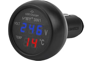 VOKTTA 3 IN 1 Car USB Charger 12V-24V Car Voltmeter Thermometer, LCD Digital Voltage Temperature Monitor Meter for Car Trucks (Red+Blue)
