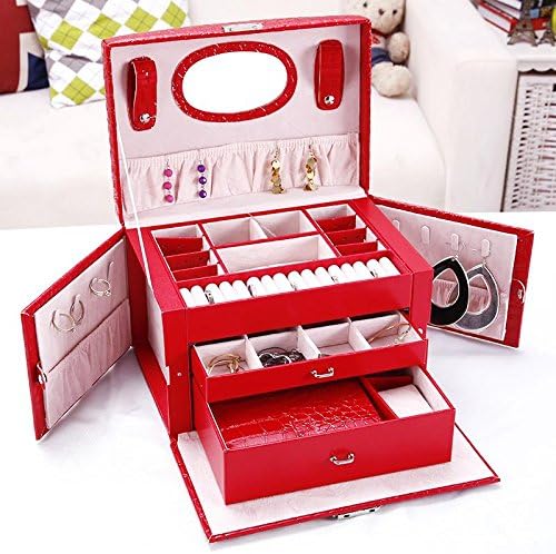 GZXCPC High Quality Luxurious Jewelery Box Jewelery Storage Made Of Leather And Wood, With 3 Drawers, Side Pockets, Independent Box, Snap Lock And Built-In Mirror, Many Colors , red
