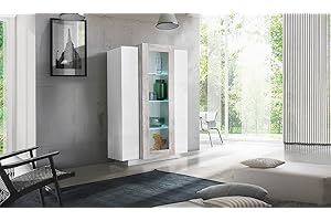 Dmora Bianco Lucido e Cemento Vetrina Moderna con Anta a Vetro, Made in Italy, Credenza con Ripiani, Mobile da Soggiorno, Vetrinetta, cm 80x38h121, Colore