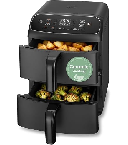 BOURGINI Ceramic Coated Air Fryer - Chemical Free (PFAS, C6, PFHxA, PTFE, PFOA and BPA) - 5 Litre - Slim - 35% Compact - 1500W - Ideal for a Non-Toxic Home (Blue