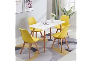 HomJoy Dining Table and 4 Chairs Set, Modern Design PU Seat Lounge Chair and White Rectangular Kitchen Table with Solid Wood Legs for Kitchen Home Dining Room Apartment (Yellow * 4 + 120cm)