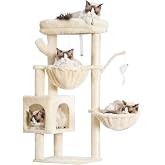 Heybly Cat Scratching Tree 100 cm High with Large Platform, Cave, 2 Hammocks, Toys and Tree for Climbing with Scratcher, Beig