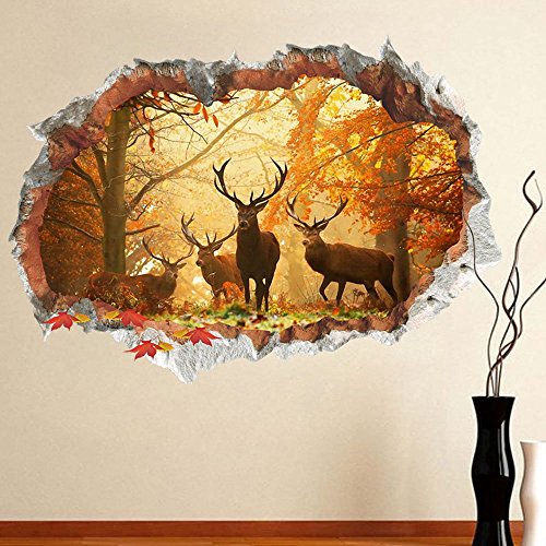 ufengke home 3D Adesivi da Parete,Cervo Nella Foresta Adesivi Murali,Vista Effetto 3D Fuori Dalla Finestra Decorazione Rimovibili Vinile DIY Stickers Murali per Soggiorno, Camera da Letto
