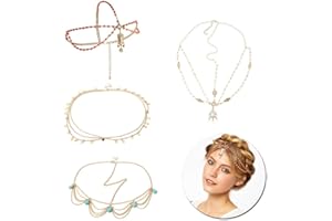 KNOWING Kopf Kette Schmuck, 4 Stück Schmuck Haarkette Stirnband Kopfkette, Gold Kopf Kette Schmuck Böhmische Kopfkette, für Frauen und Mädchen Festival Abschlussball Bankett Fest Hochzeit Party Zubehör