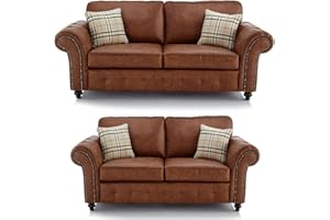 Furnishings For Less UK New Oakland Charcoal Leather Sofa Suite 3 Seater and 2 Seater Chesterfield Vintage Country Design (Sofa Suite (3 Seater + 2 Seater), Tan)