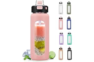 BLUEGO 700ML Bouteille d'eau en Verre avec Poignée et Paille Bouteille d'hydratation avec Manchon en Silicone et Marquage du Temps Gourde de Motivation pour Gym Sport Extérieur Anti-fuite, Rose