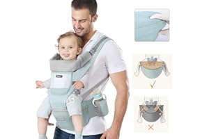 YIKANWEN Marsupio Neonati Ergonomico, Porta Bambino con Sedile Multiposizione, con PoggiaTesta e Cappuccio, Puro Cotone Traspirante Leggero, da 0-36 Mesi(Inferiore a 25kg) Verde