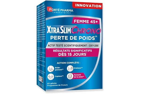 Forté Pharma - XtraSlim Chrono 45+ Perte De Poids - Brule graisse, draineur, fermeté de la peau - Sureau, Piment doux, collagene, CoQ10 - Etude clinique - Minceur perte de poids - 60 gélules, 4/jour