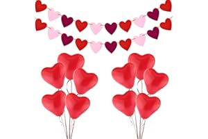 Jwssor Red Heart Balloons,Heart Banner,10pcs 12 inch red heart latex balloons,2pcs Felt Heart Banner for Valentines Day Decoration Set