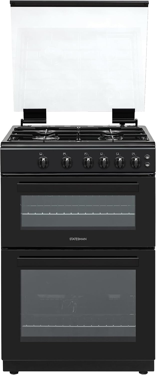 Statesman GDL60B Double Oven Gas Cooker with Glass Lid & Closed Door Grilling, 4 Gas Burners, 60cm Wide, Black