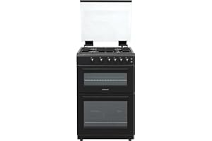 Statesman GDL60B Double Oven Gas Cooker with Glass Lid & Closed Door Grilling, 4 Gas Burners, 60cm Wide, Black