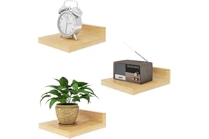 IBUYKE Piccola mensola sospesa, mensola da parete in legno, set di 3, espositori, mensola sospesa per camera da letto, bagno, cucina, legno naturale RF-GB505N-3