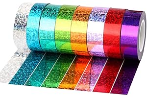 GLAITC Set 8 Rotoli Nastro Adesivo Decorativo Nastro Adesivo Olografico Glitterato Impermeabile Nastro adesivo Laser Glitterato Colorati Nastri Washi per Fai da te 15mm X 5 m