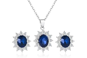 Yienate Wedding Sapphire Jewellery Sets Princess Blue Sapphire Crystal Pendant Necklace Earring Set Sunburst Zirconia Crystal Necklace Earring Studs Bridal Bridesmaid Jewellery Set for Women Girls