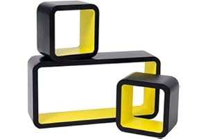 Delex Cube Floating Shelves with Retro Design Wall Mounted Display Shelf Set of 3 Black/Yellow