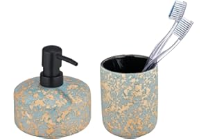 WENKO Felina Badezimmer Zubehör Set 2-teilig Seifenspender Zahnputzbecher aus Keramik in Grau Gold