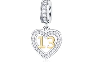 GLOWDAS 10 to 25 28 30 33 35 40 45 50 55 60 65 70 75 80 Birthday Charms, fit European Anniversary Bracelet/Necklace, Golden Number 925 Sterling Silver Heart Pendant with CZ, for Women/Men