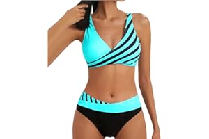 ZGIDDAZ Maillot De Bain Femme 2 Pieces Col V Maillot De Bain Push Up Rembourré Bikini 2 Pieces Conception en Croix Avant Maillots Deux Pièces Swimwear Amincissante Swimsuit À Rayure Ete Beachwear