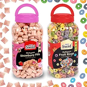 Swad Strawberry Fills & Fruit Rings, Combo of 2 Jars (Zero Cholesterol, High Fibre Crunchy Fruit Loops Cereal) Jar, 650 g