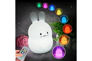 Glinrui Luz de noche Conejo Luz nocturna para niños, Lámpara de noche de silicona para bebés dormitorio, Luces LED - Brillo y color ajustables, Configuracion de hora, Regalos festivos - Mediano