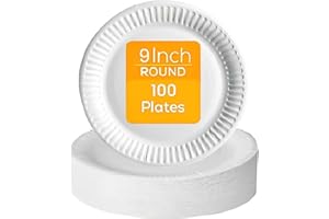 PRISTINE ENTERPRISE White Paper Disposable Plates Pack of 100 Large 23 cm 9 Inch, 100% Natural and Recyclable Ideal for Birthday, Anniversary, BBQs, Picnics, Parties Suitable for Hot & Cold Food