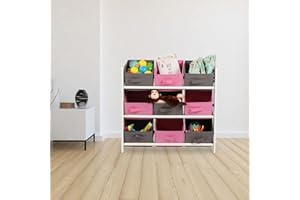 Albert Austin Kids Storage Unit | Wooden Storage Unit With 9 Baskets | Kids Toy Organizers | Non-Woven Fabric Baskets | White Bookshelf Toy Storage For Children | Kids Storage Unit With Boxes