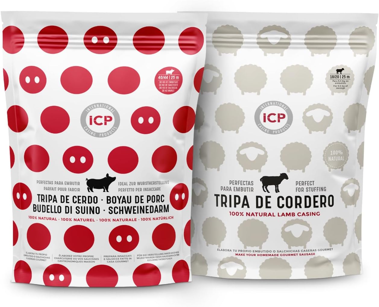 Tripa natural de cerdo para embutidos Caseros 25 m (Pack 40/44 y 18/20)