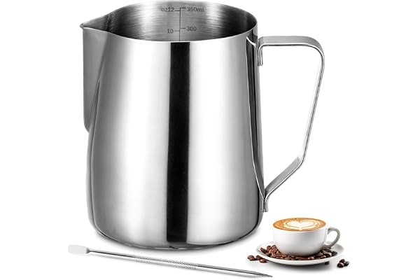 Pot à lait - 350 ml - En acier inoxydable - Avec stylo doseur Mark et Latte Art Pen - Pour cappuccino, expresso, latte art - Parfait pour les amateurs de café