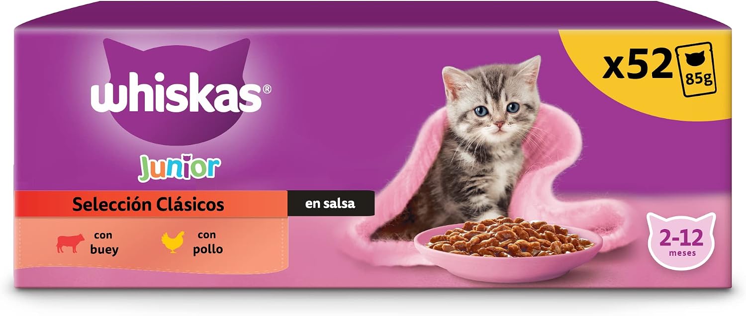 Whiskas Sélection savoureuse en sauce junior 2-12 mois, nourriture humide pour chat, paquet format stock, 13 paquets chacun de 4 sachets x 85 g (52 sachets au total)