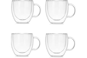 Marooma Lot de 4 tasses à café en verre, 150 ml à double paroi isolée, en verre borosilicate résistant à la chaleur, avec poignée pour café, thé, expresso, bière