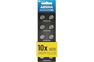 ABSINA AG10 LR1130 baterie guzikowe, 10 sztuk, 1,5 V, alkaliczne baterie guzikowe, zabezpieczone przed wyciekiem i o długiej trwałości - LR54 / V10GA / RW49 / G10A / 189 / GP189 / L1130 / 89A -