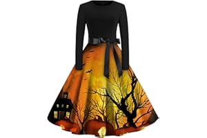 YKZZLDX Sexy Halloween Costumes Women Round Neck Vintage Pumpkin Print Dresses Womens Halloween Outfits 50S Long Sleeve A-Line Swing Lace Fall Costume Women's Halloween Costumes 90s Fancy Dress