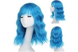 Leeven Short Blue Wig with Fringe 14 Inch Bob Wig Natural Curly Synthetic Replacement Blue Wigs for Woman Party Cosplay Wig with Bangs Wig Cap Wave Short Bob Wigs/Azure Blue