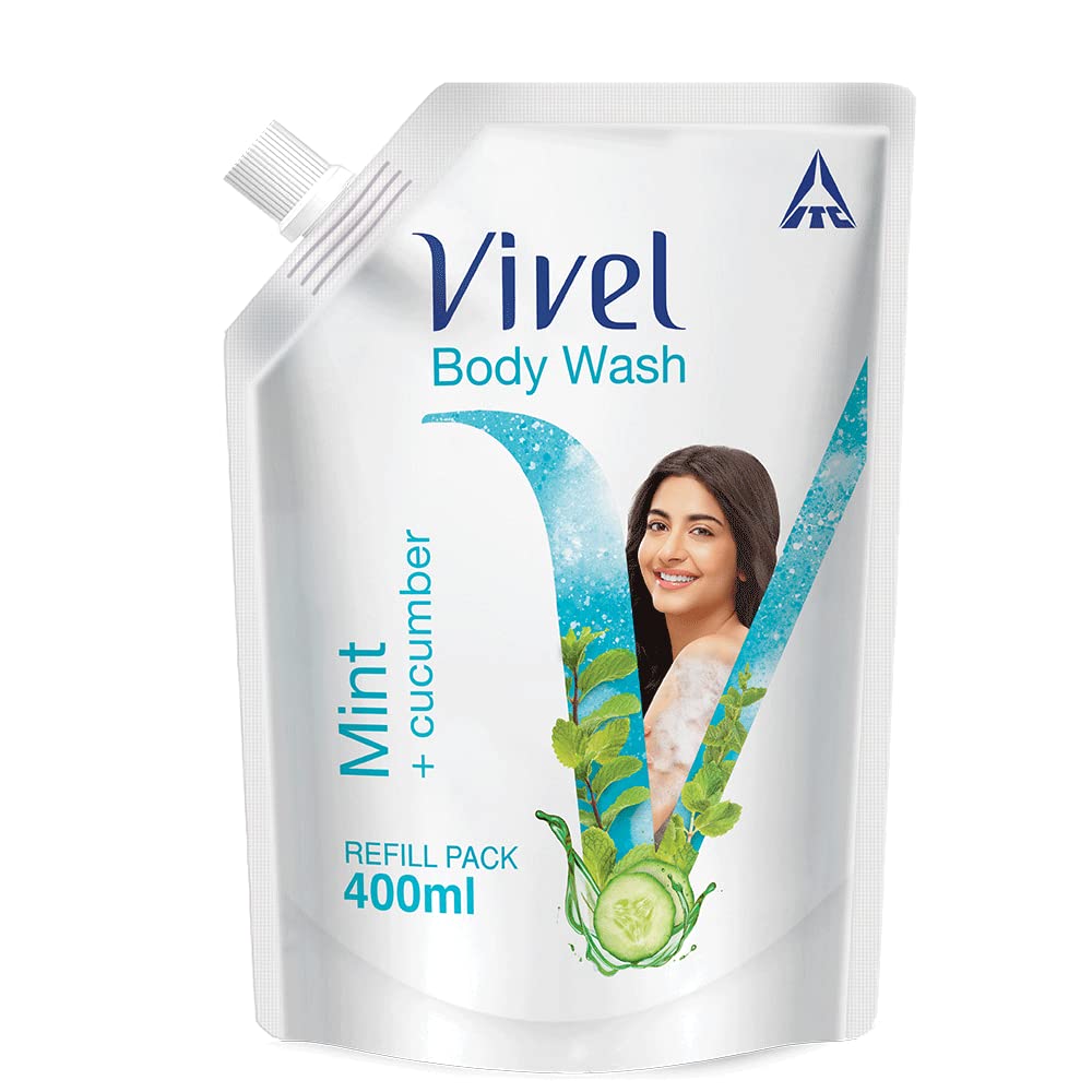 Vivel Body Wash, Mint & Cucumber Shower Gel Creme, Liquid Refill Pouch, 400 ml, for Glowing and Moisturised Skin Refill Pouch