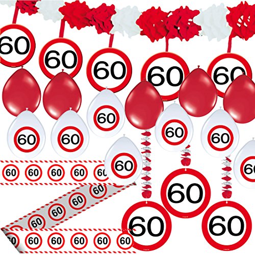 23-tlg. Partyset * 60. GEBURTSTAG * mit Verkehrschild Deko: Girlande + Rotorspiralen + Absperrband und vielen Luftballons von CARPETA® // Dekoset Dekobox Verkehrsschild