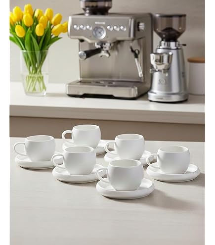 MUVELL Set van 6 espressokopjes 60 ml, goud chroom, Italiaanse stijl, dikwandig & zwaar, espresso set van 6 met schoteltjes, cadeauset
