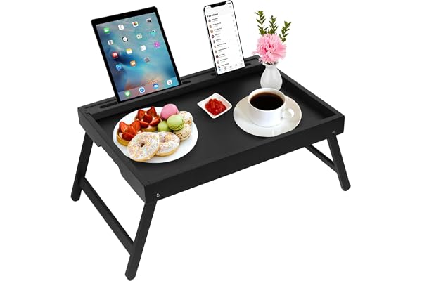 Sängbricka bord med vikbara ben, bambu frukostmatbricka med mediaplats, används som platta, laptopskrivbord, mellanmål, TV-br