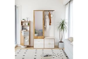MOIMHEAR Elegante Conjunto de Armario con Espejo, Zapatero, Banco Zapatero con Ganchos y Perchas Extensibles (Color Madera+Blanco(100x38x180cm))