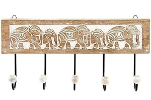CASA D'OR Perchero Pared 5 Colgador Madera Tallada Elefante 38x18 cm