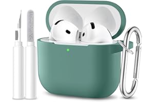 Maledan Cover Compatibile con AirPods 4 2024 Custodia, Case Protettiva Antiurto in Silicone Morbido per Apple AirPods 4 Generazione Custodia con Kit di Pulizia e Moschettone [LED visibile],Verde Pino