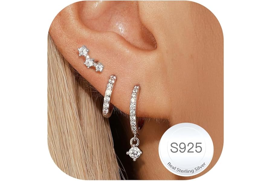 Halora 3 Pairs 925 Sterling Silver Studs Hoop Earrings Set for Women 14K Gold Earring Stacks Hypoallergenic Cartilage Earring Sets for Multiple Piercings Jewellery Valentines Gifts