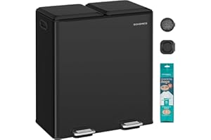 SONGMICS Mülleimer Küche, 2 x 30 L, 2 Fächer, Mülltrennsystem, Softclose, herausnehmbare Inneneimer, Pedalen, Stahl, tintenschwarz LTB743B02