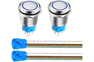 Gebildet 2Stücke 16mm Edelstahl Kurzzeitiger Drucktasten 12V-24V 5A LED 1NO1NC SPDT ON Off Wasserdichter mit Steckdose Stecker (Blau LED)