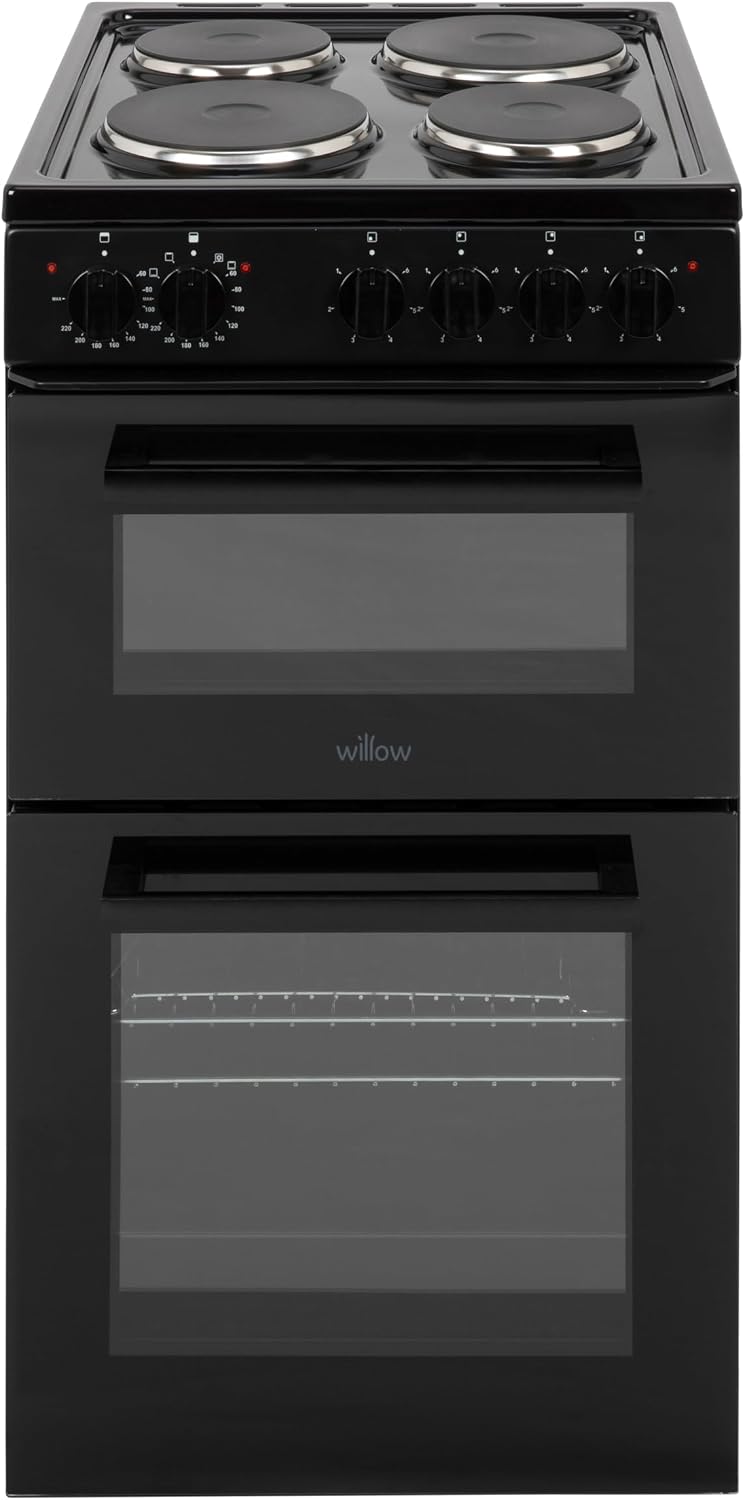 Willow WE50TSB 62L Freestanding Electric Cooker, 50cm Wide Twin Cavity Cooker with Solid 4 Plate Hob, 31L Capacity Grill Cavity, 2 Year Warranty - Black