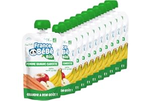 FRANCE BéBé BIO - Compote de fruits et légumes BIO en gourde dès 4 mois - Pomme Banane Carotte - Pack de 10 x 100g