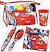 Produktbild 5 tlg. Zahnputzset & Reiseset _ " Disney Cars - Auto Lightning McQueen " - Kosmetiktasche + Zahnbürstendose & Haarbürste & Zahnputzbecher & Waschlappen - Kulturtasche - transparent / durchsichtig - Kulturbeutel - für Kinderzahnbürste & Babyzahnbürste - Mädchen & Jungen - Zahnbürste - Reise / Kosmetikset - Kinder & Baby / Fahrzeuge / Car - Hook - Mc Queen - Francesco Finn - Autos - zum Hinstellen / Aufstellen - Aufhängen