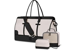 ETRONIK Weekender Reisetasche Damen, Große Weekender Bag Mit Schuhfach & Nass-Tasche, Tragetasche Travel Bag Mit Kulturtasche, Tasche für kliniktasche 3er Set Beige-Schwarz
