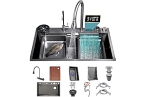 GMTSTORE Juego de fregadero de cocina de cascada de acero inoxidable 304 fregadero de cocina con estación de trabajo nanorevestida con pantalla digital, grifo extraíble para lluvia y accesorios para fregadero